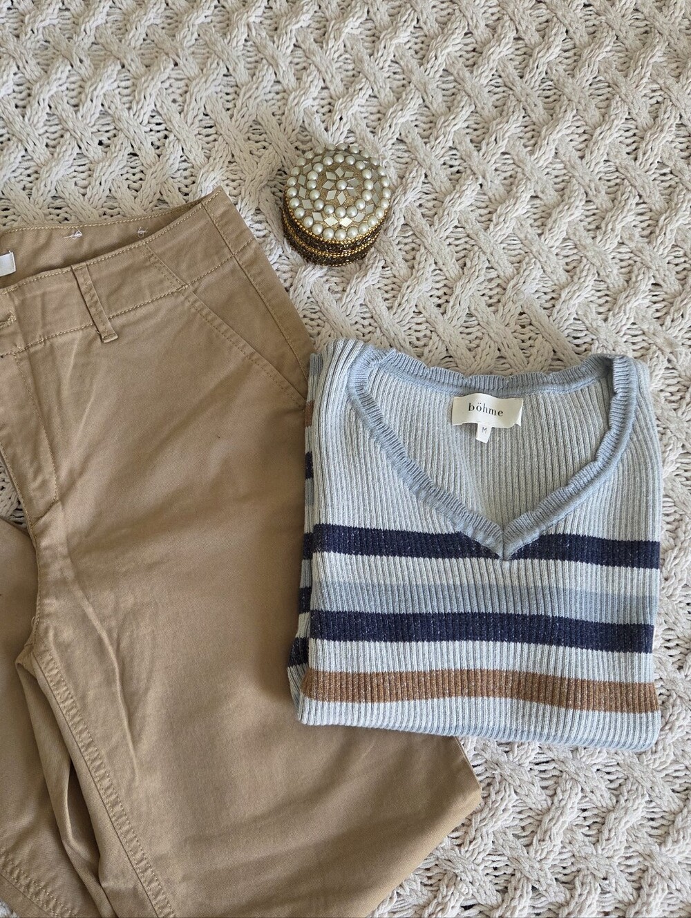 bohme Striped Short-Sleeve Knit Tee in Light Blue, Navy & Tan